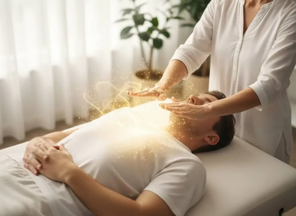 A man enjoying energy healing therapy in a spa-like setup.