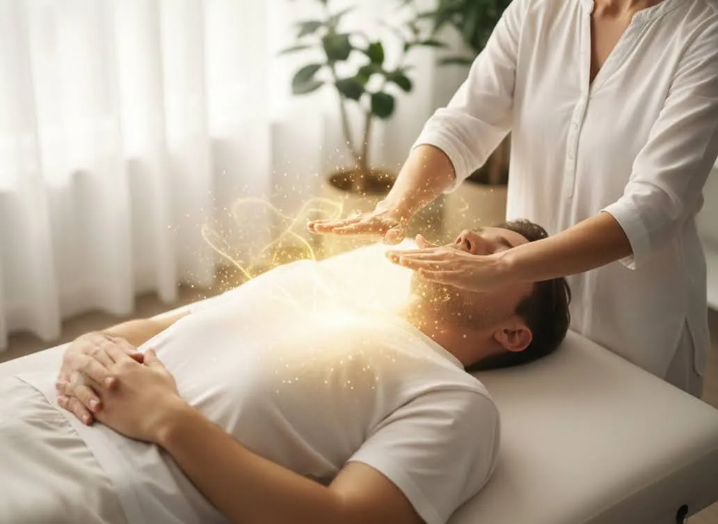 A man enjoying energy healing therapy in a spa-like setup.